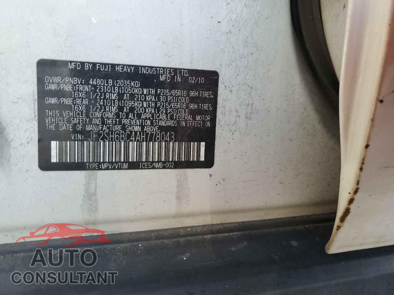 SUBARU FORESTER 2010 - JF2SH6BC4AH778043