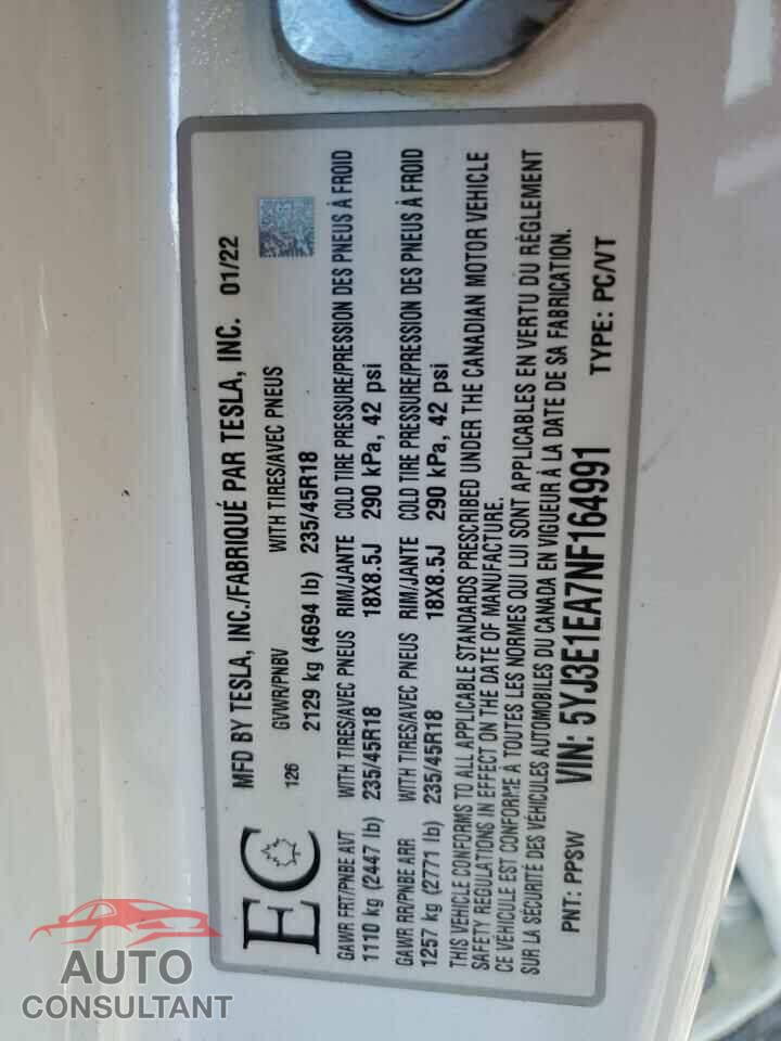 TESLA MODEL 3 2022 - 5YJ3E1EA7NF164991