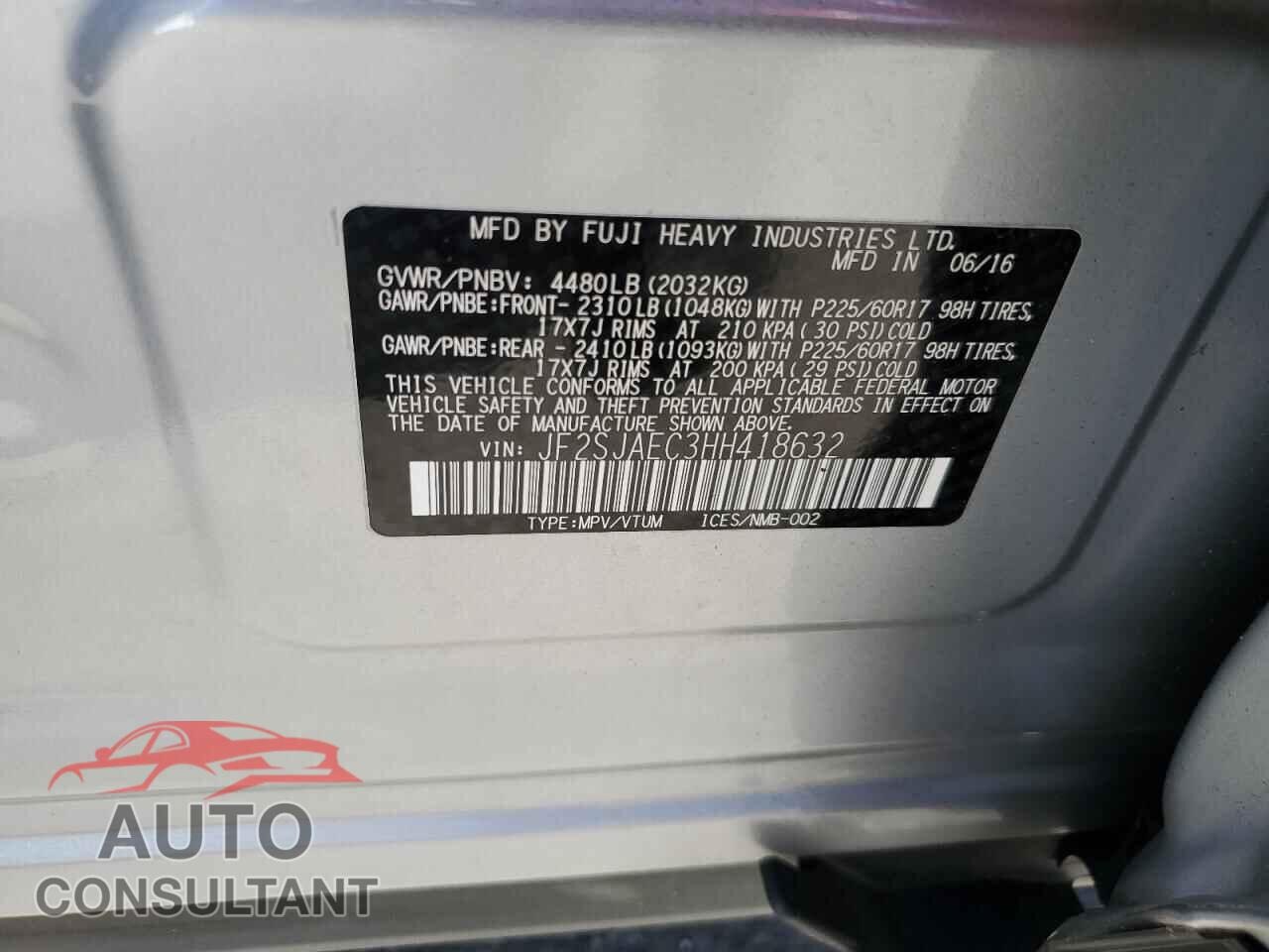 SUBARU FORESTER 2017 - JF2SJAEC3HH418632