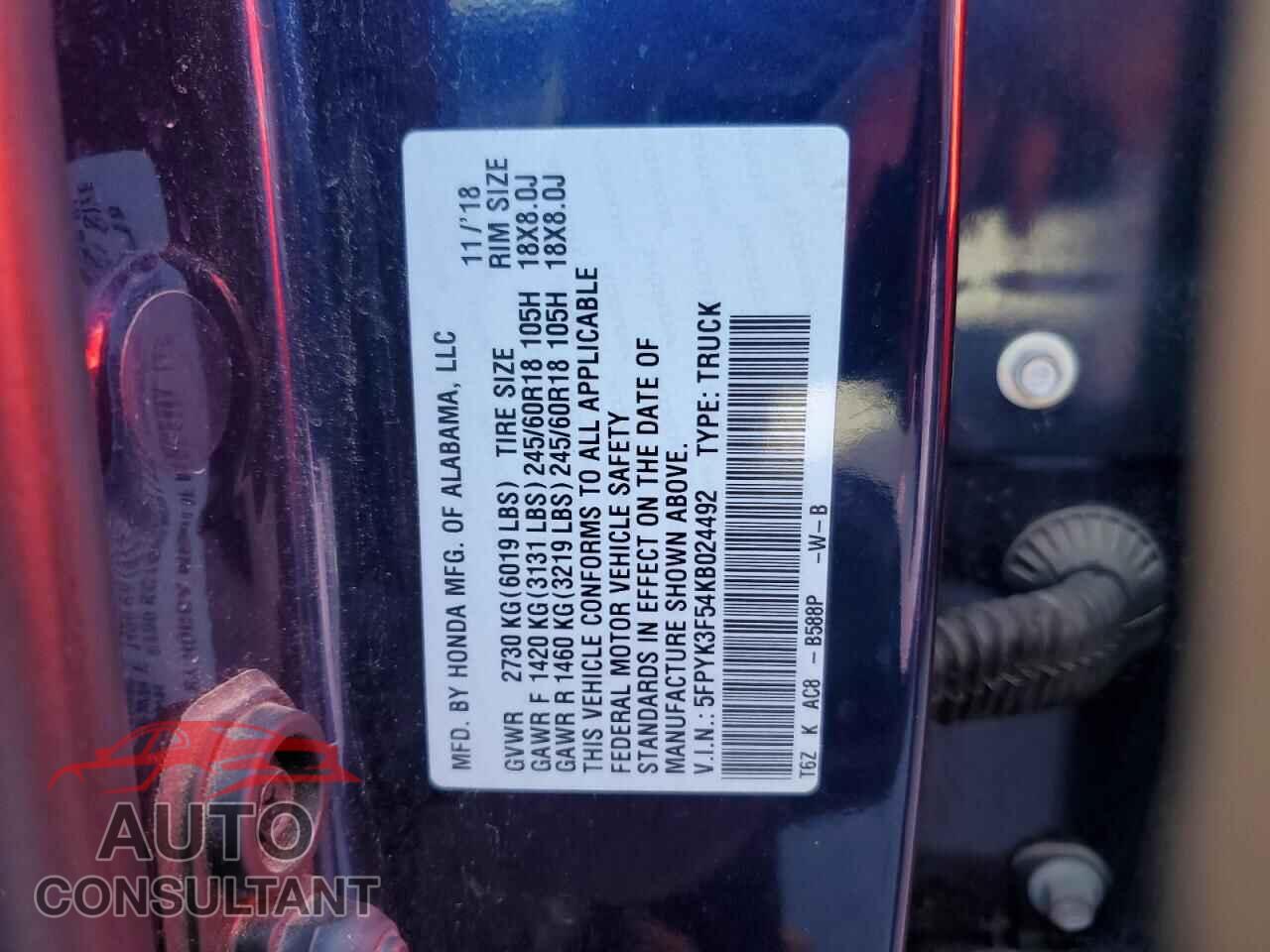 HONDA RIDGELINE 2019 - 5FPYK3F54KB024492
