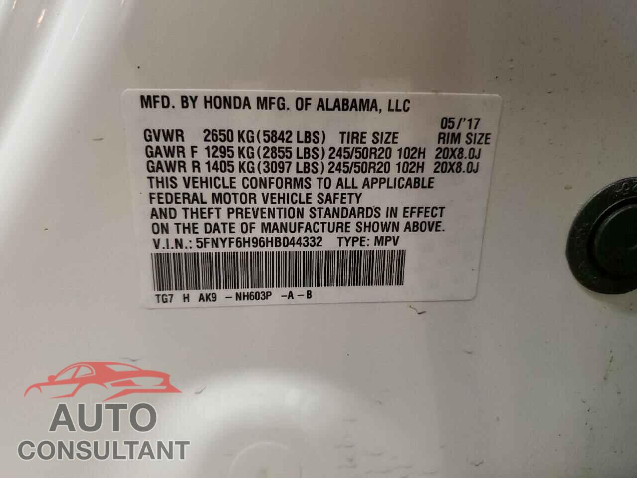 HONDA PILOT 2017 - 5FNYF6H96HB044332