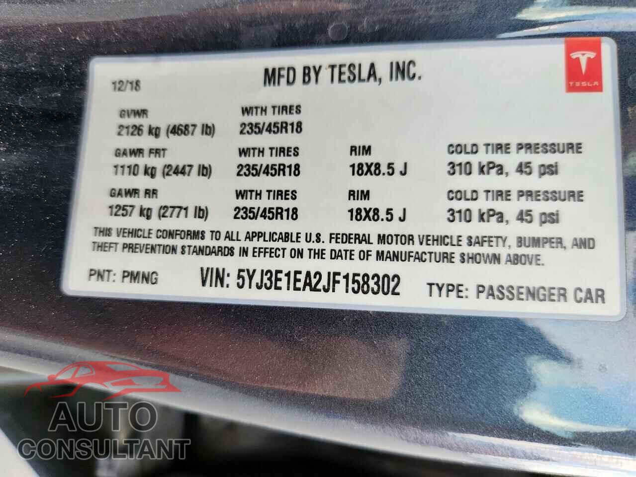 TESLA MODEL 3 2018 - 5YJ3E1EA2JF158302