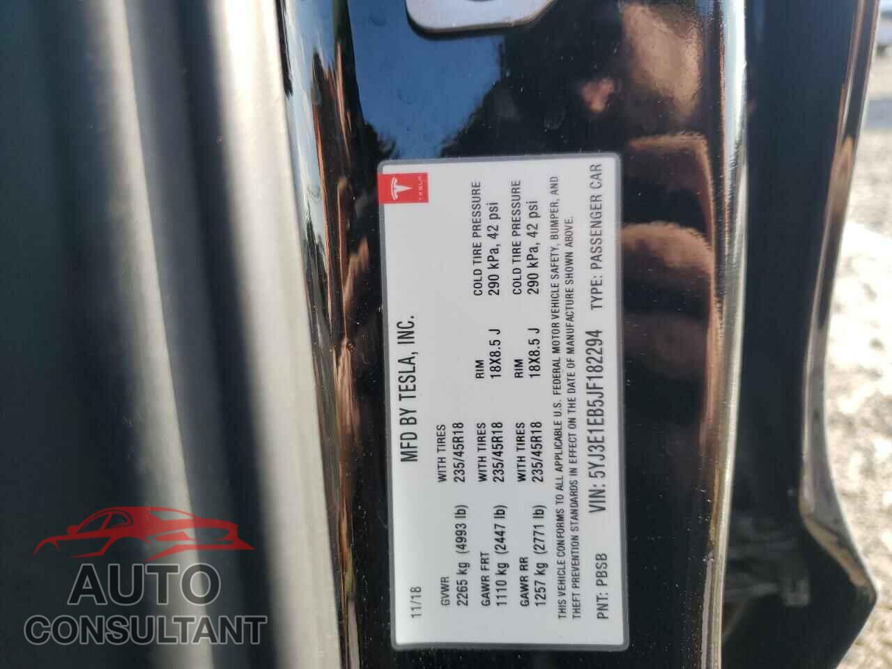 TESLA MODEL 3 2018 - 5YJ3E1EB5JF182294