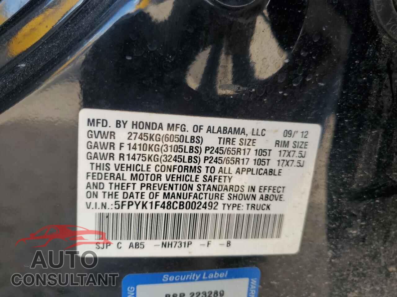 HONDA RIDGELINE 2012 - 5FPYK1F48CB002492