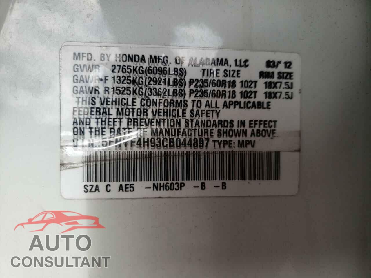 HONDA PILOT 2012 - 5FNYF4H93CB044897