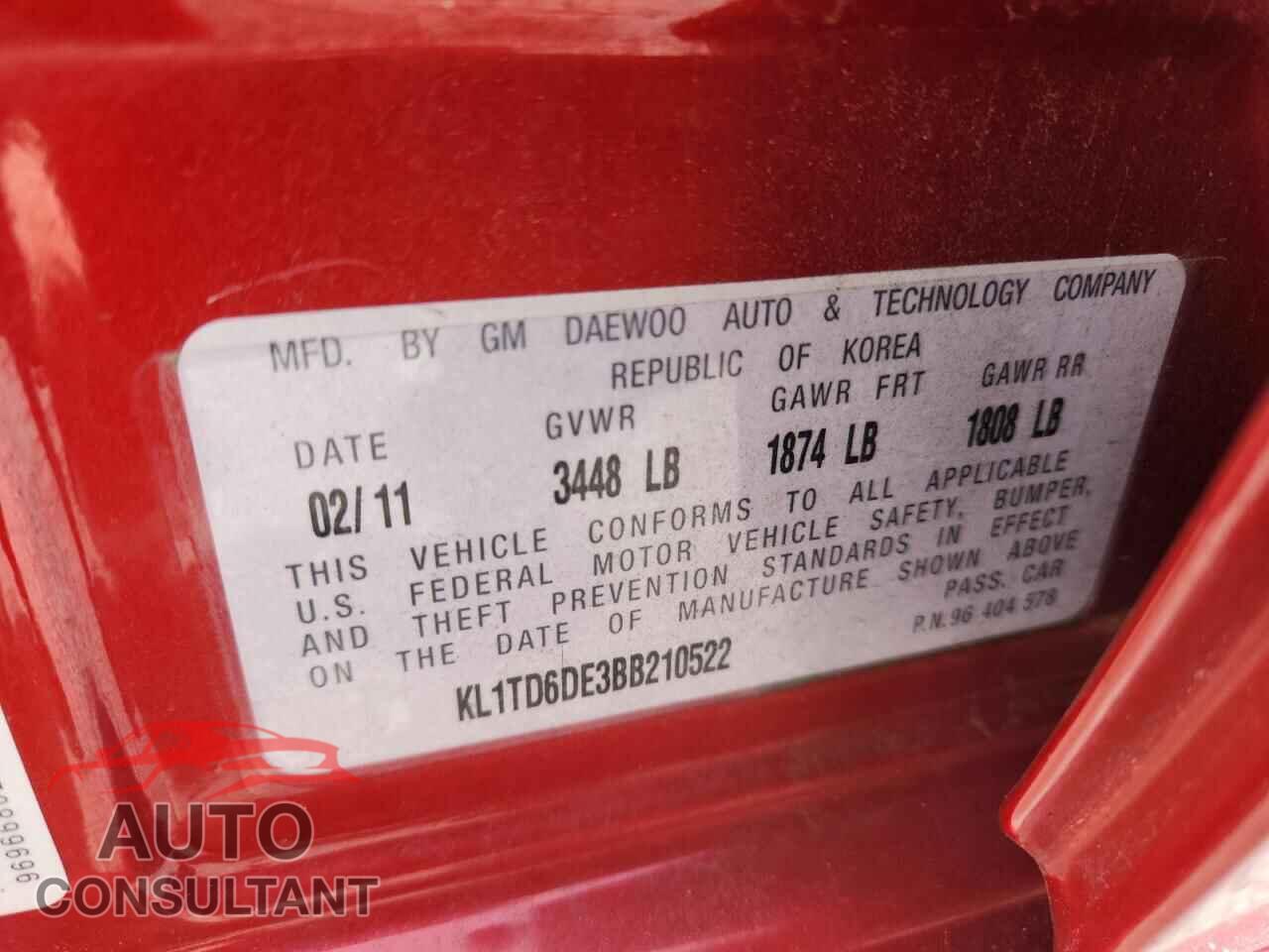 CHEVROLET AVEO 2011 - KL1TD6DE3BB210522