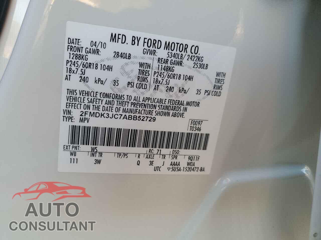 FORD EDGE 2010 - 2FMDK3JC7ABB52729