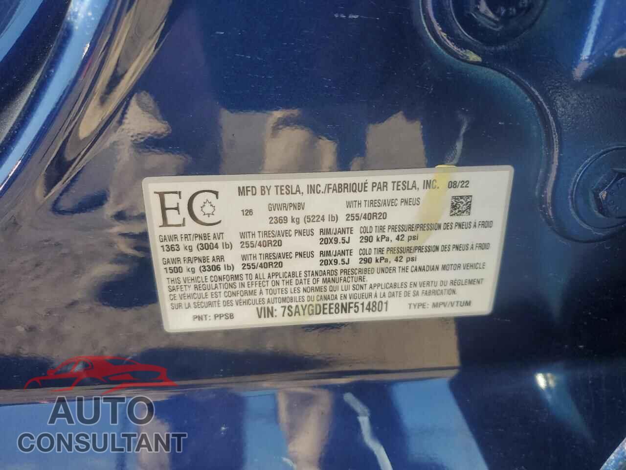 TESLA MODEL Y 2022 - 7SAYGDEE8NF514801