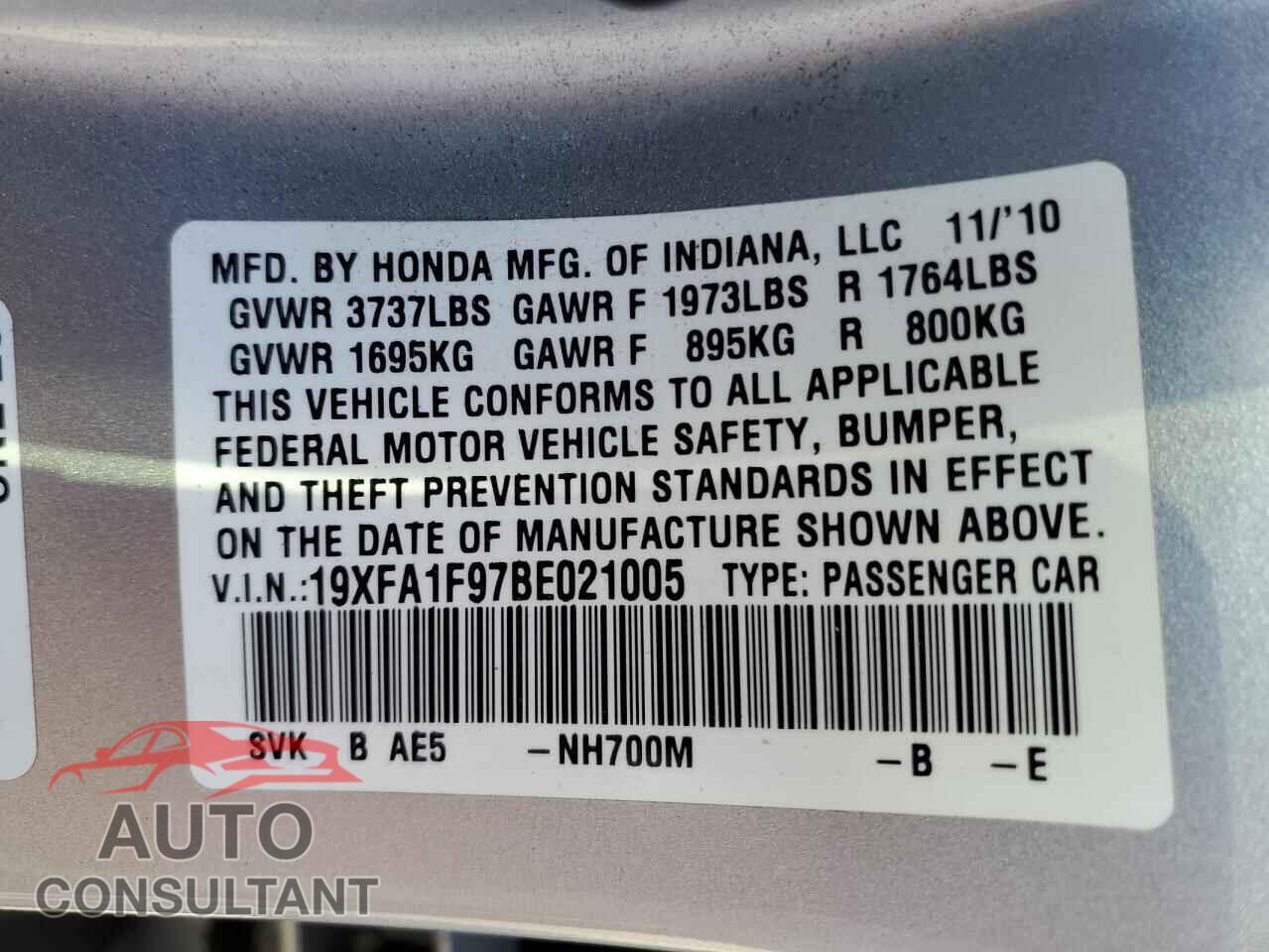 HONDA CIVIC 2011 - 19XFA1F97BE021005