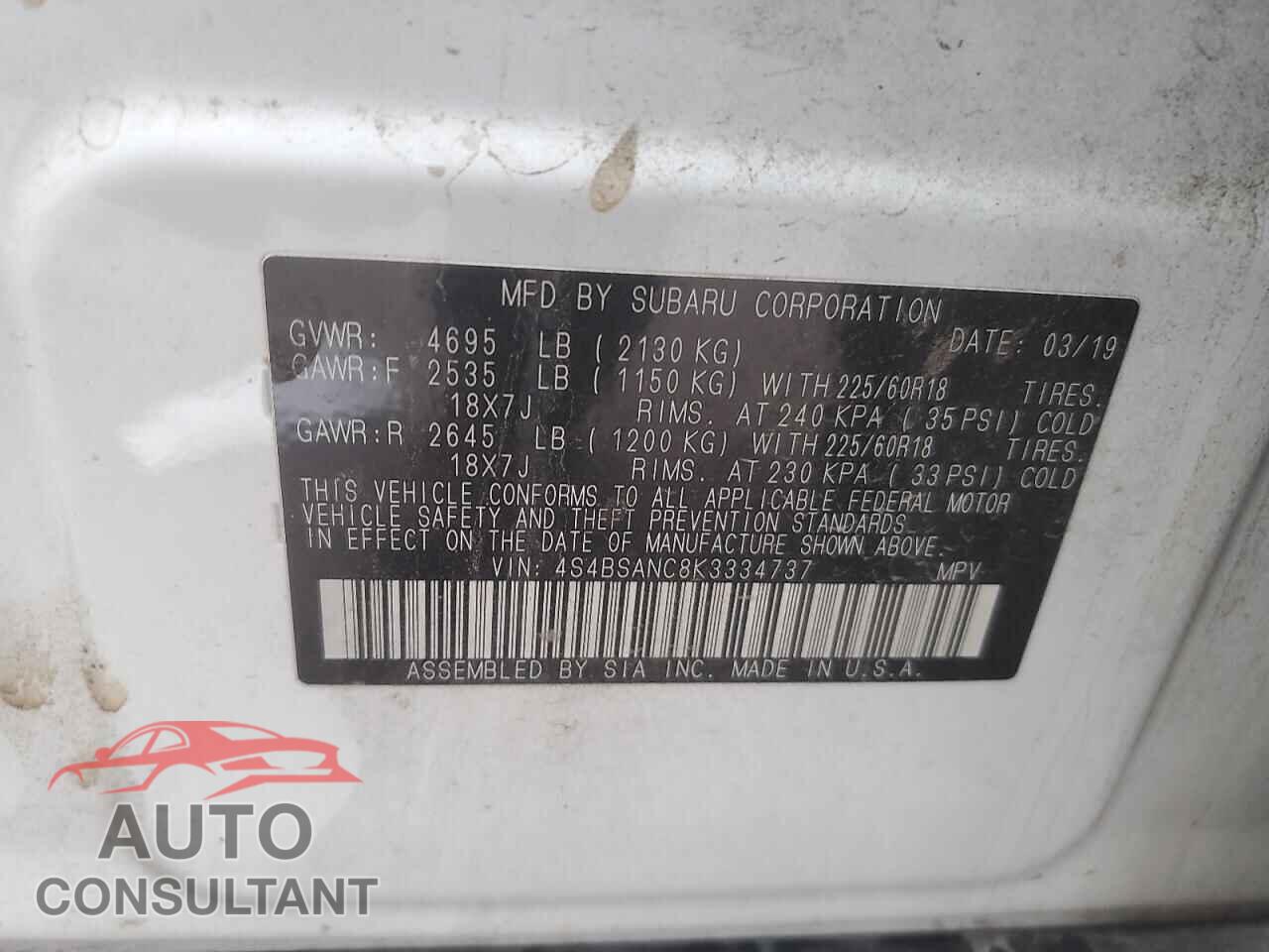 SUBARU OUTBACK 2019 - 4S4BSANC8K3334737