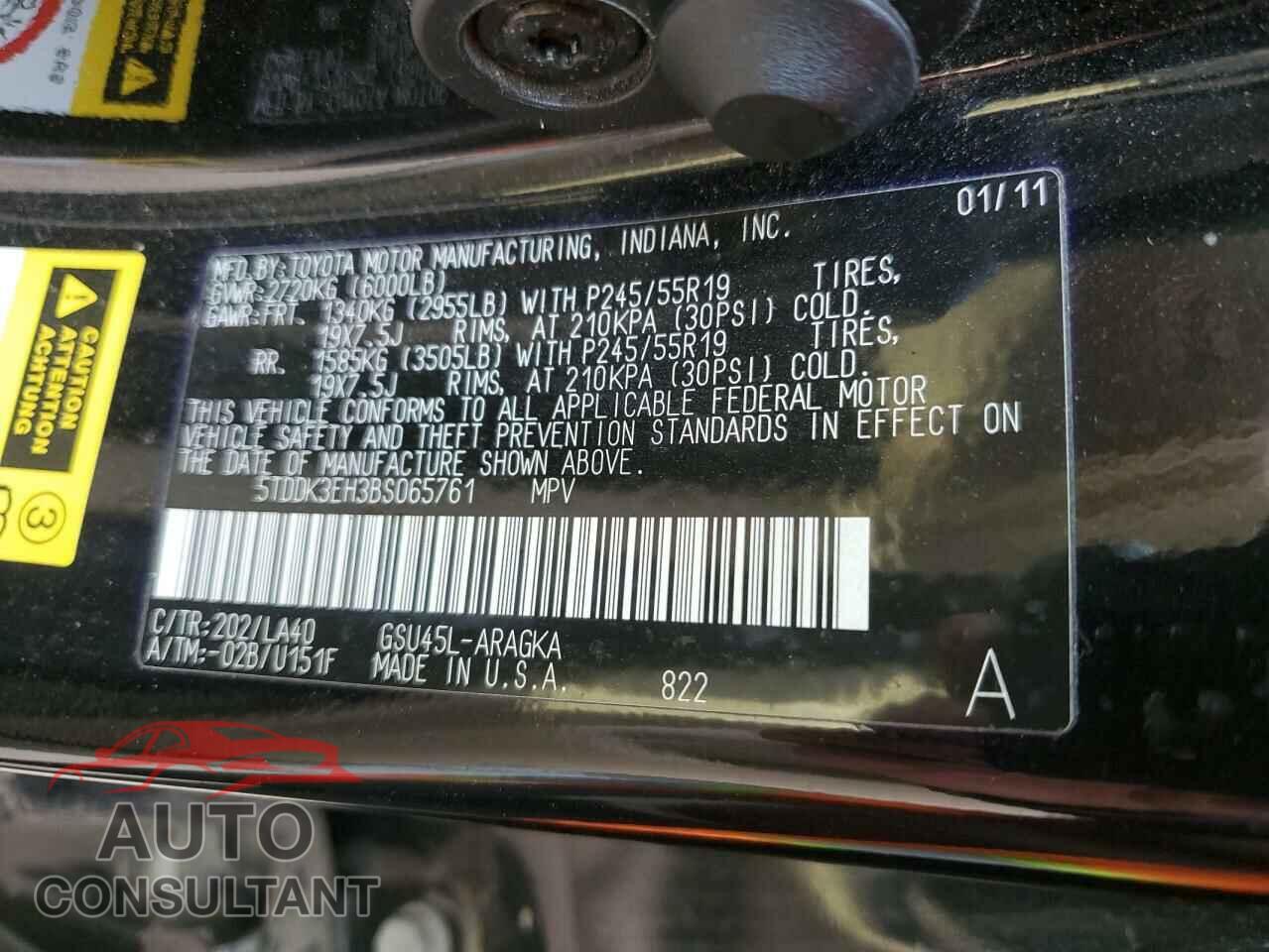 TOYOTA HIGHLANDER 2011 - 5TDDK3EH3BS065761