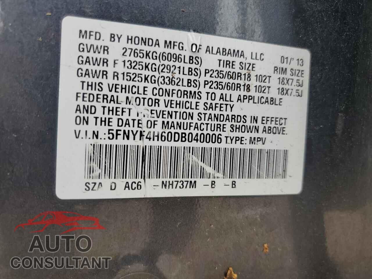 HONDA PILOT 2013 - 5FNYF4H60DB040006