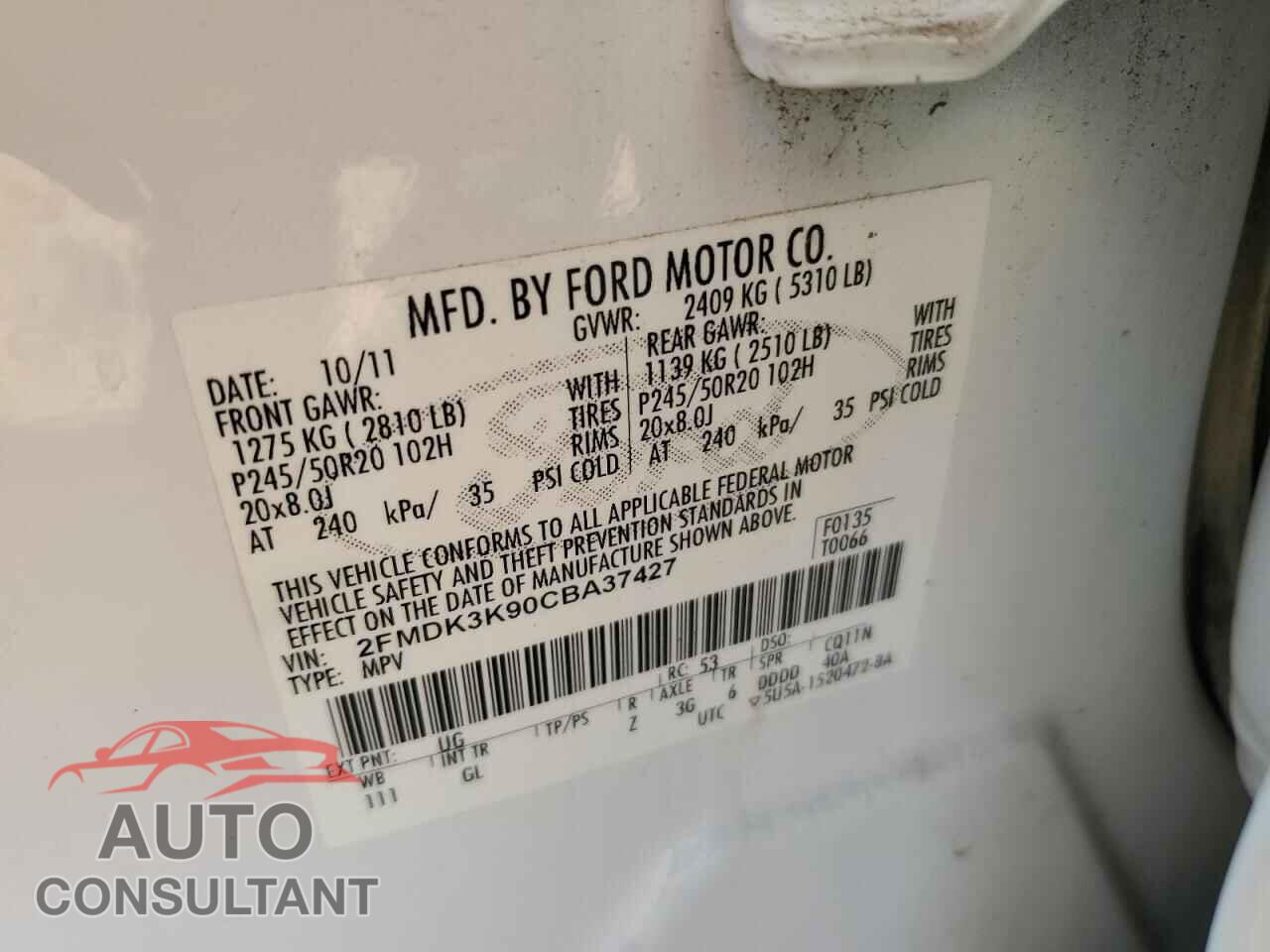 FORD EDGE 2012 - 2FMDK3K90CBA37427