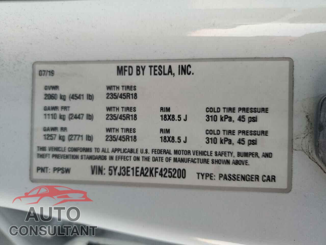 TESLA MODEL 3 2019 - 5YJ3E1EA2KF425200