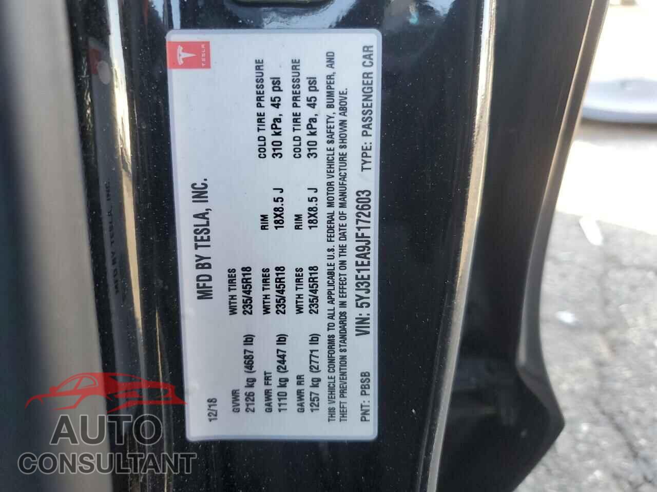 TESLA MODEL 3 2018 - 5YJ3E1EA9JF172603