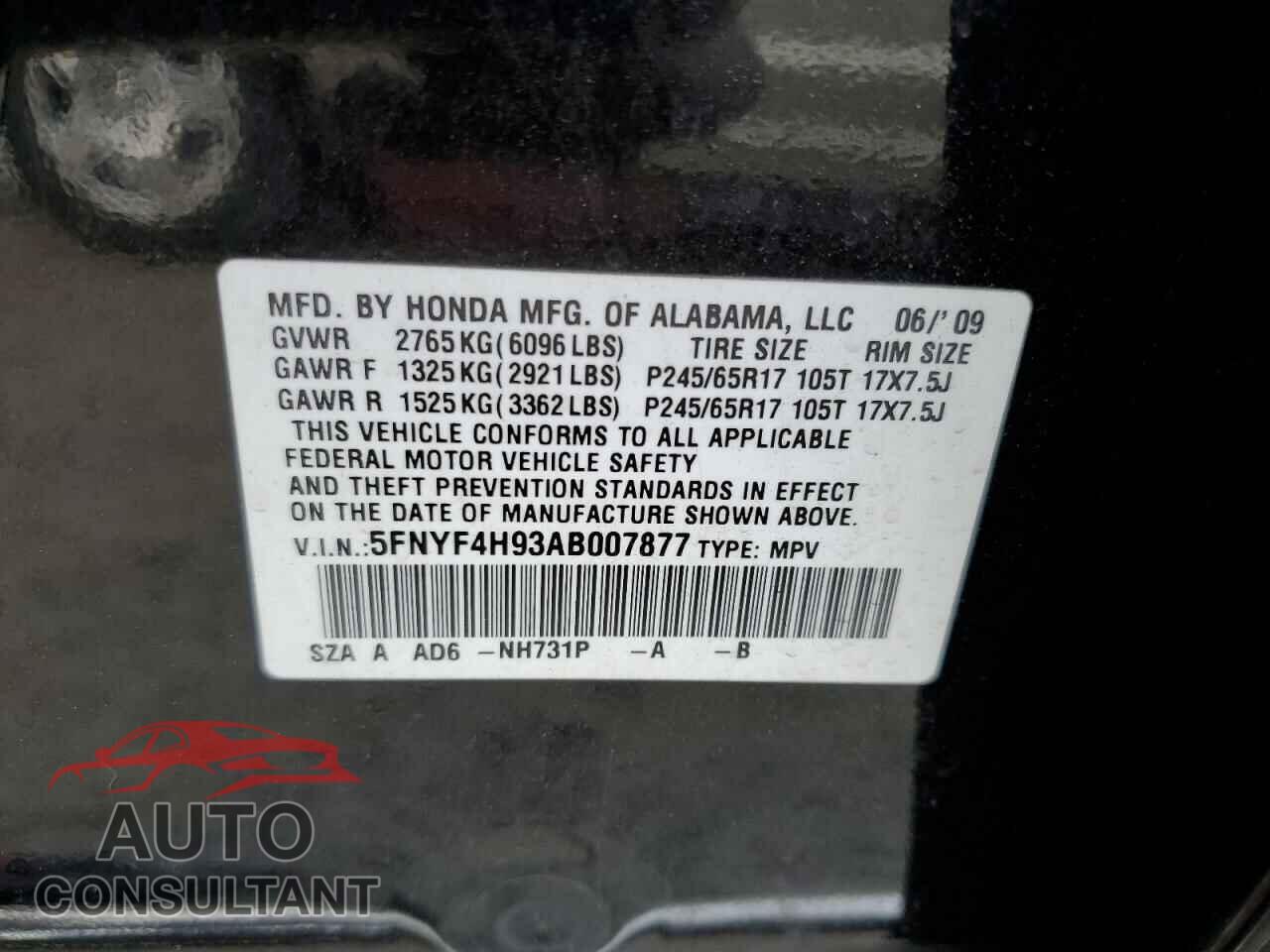 HONDA PILOT 2010 - 5FNYF4H93AB007877