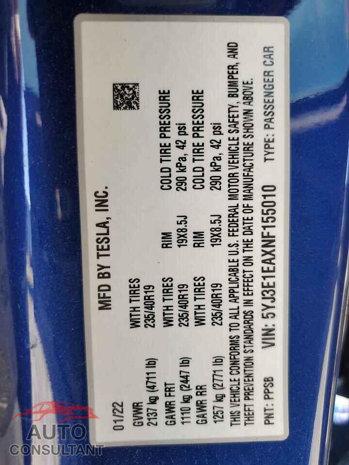 TESLA MODEL 3 2022 - 5YJ3E1EAXNF155010