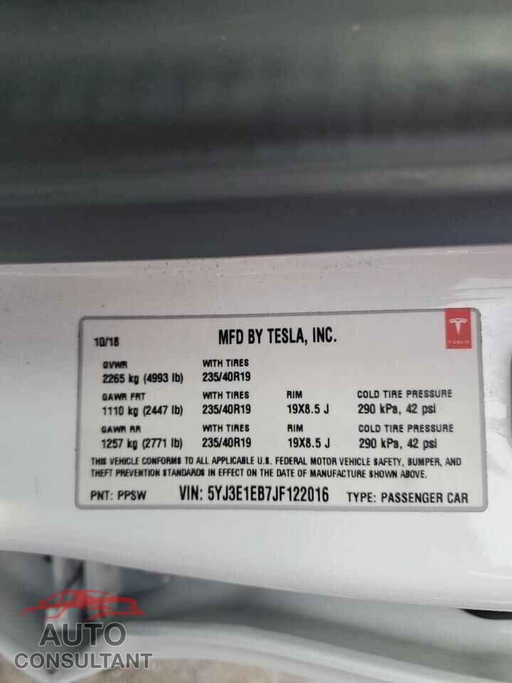 TESLA MODEL 3 2018 - 5YJ3E1EB7JF122016