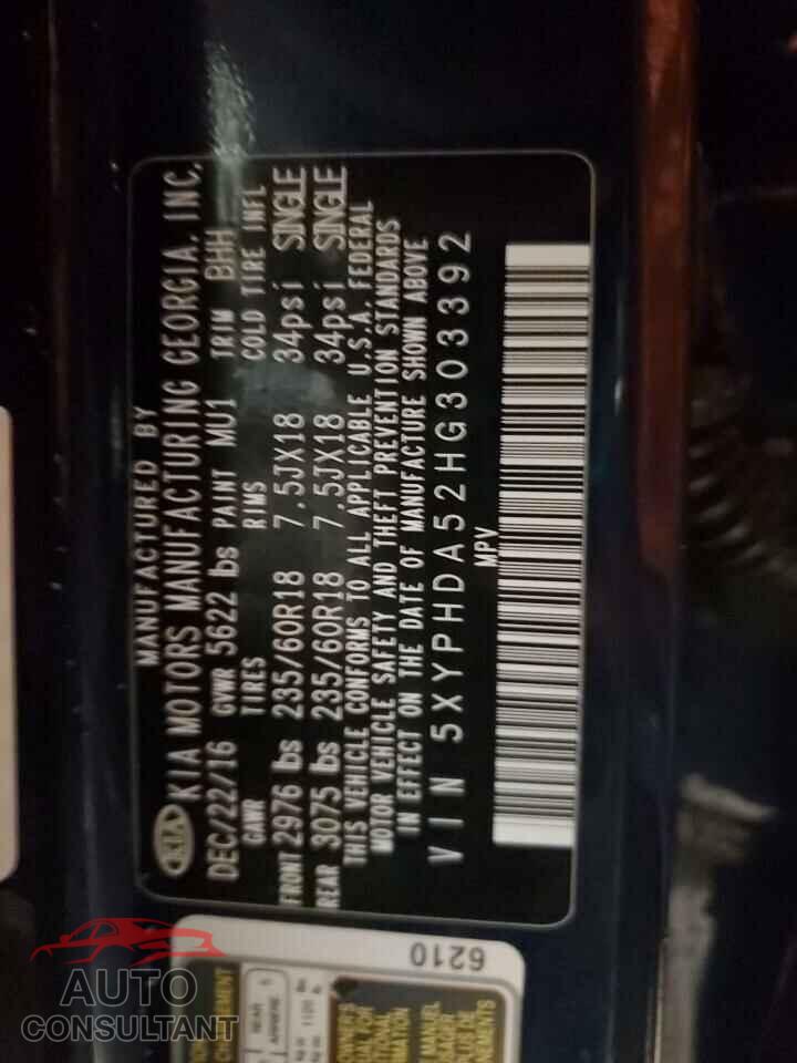KIA SORENTO 2017 - 5XYPHDA52HG303392