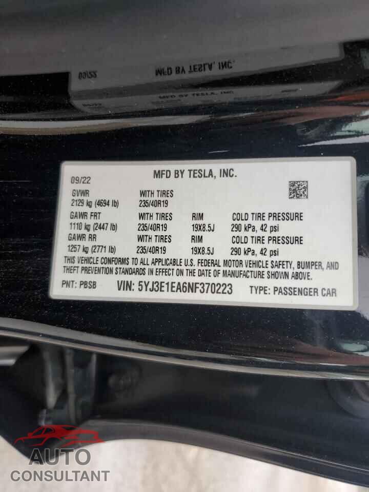 TESLA MODEL 3 2022 - 5YJ3E1EA6NF370223