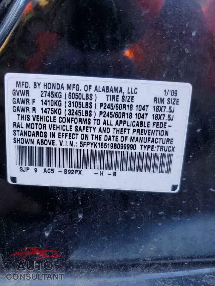 HONDA RIDGELINE 2009 - 5FPYK16519B099990