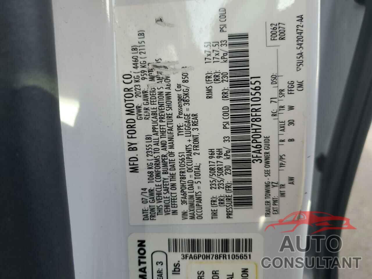 FORD FUSION 2015 - 3FA6P0H78FR105651