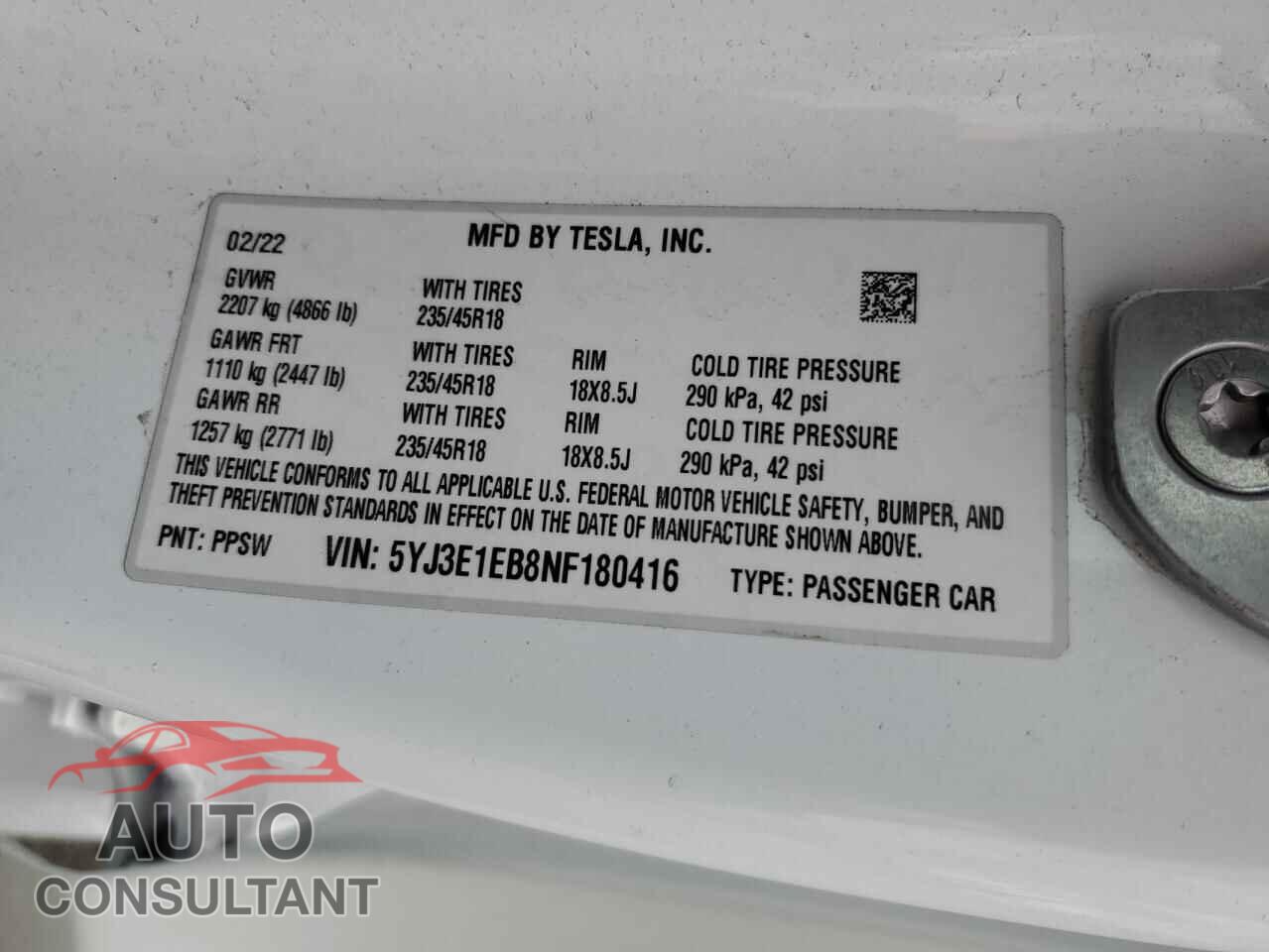 TESLA MODEL 3 2022 - 5YJ3E1EB8NF180416
