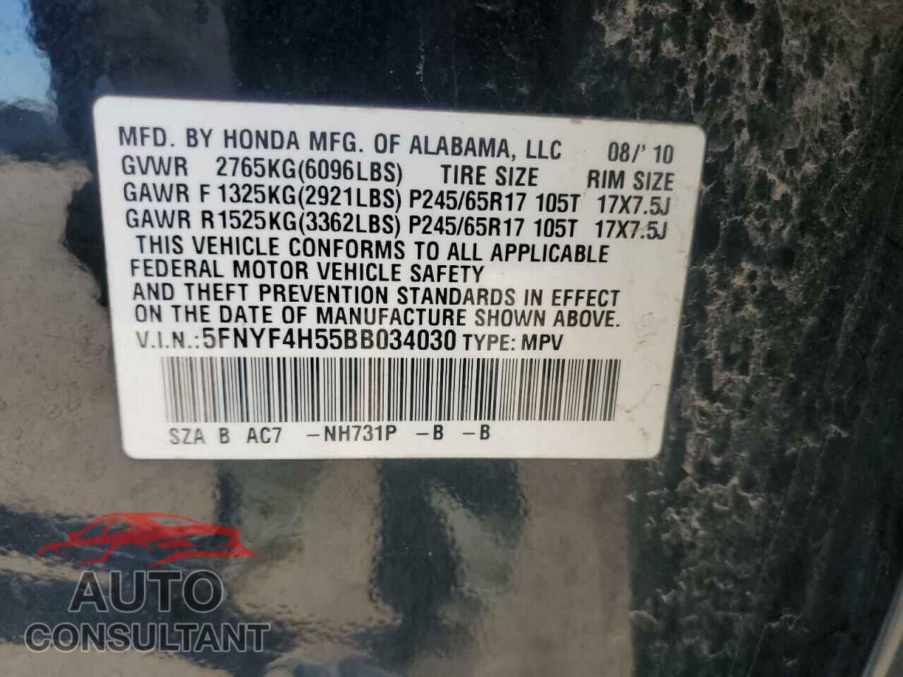 HONDA PILOT 2011 - 5FNYF4H55BB034030