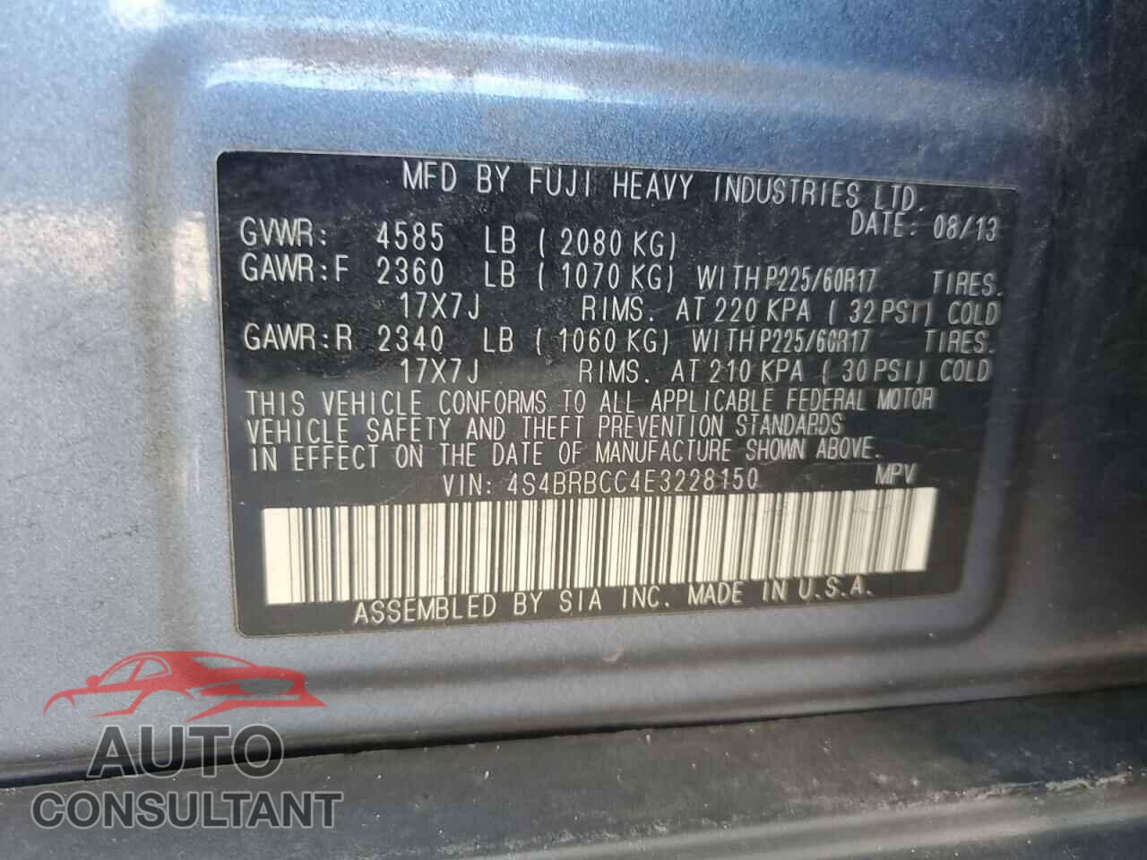 SUBARU OUTBACK 2014 - 4S4BRBCC4E3228150
