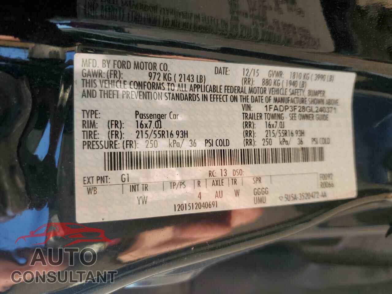FORD FOCUS 2016 - 1FADP3F28GL240371