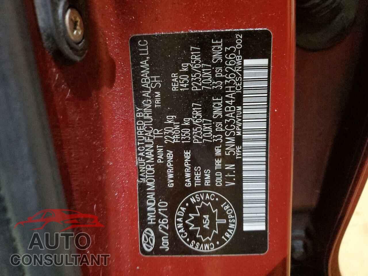 HYUNDAI SANTA FE 2010 - 5NMSG3AB4AH362663