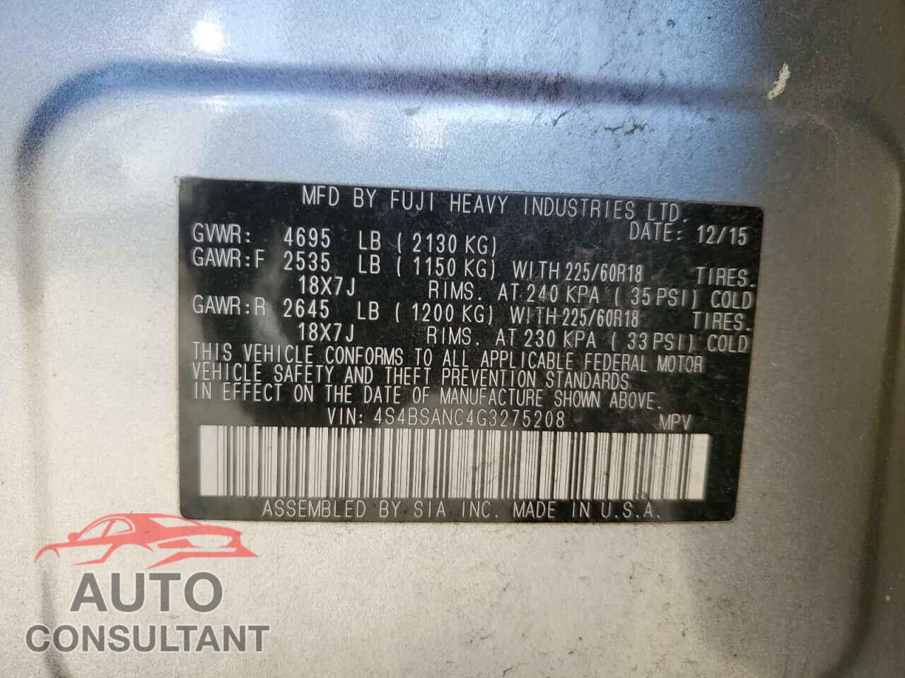 SUBARU OUTBACK 2016 - 4S4BSANC4G3275208