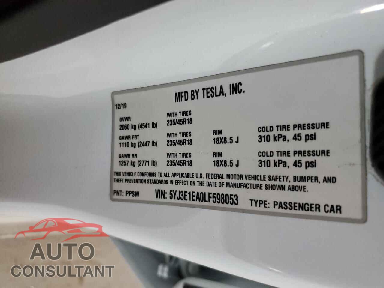 TESLA MODEL 3 2020 - 5YJ3E1EA0LF598053