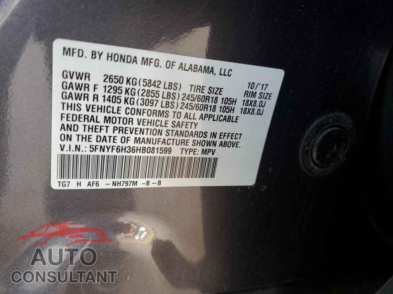 HONDA PILOT 2017 - 5FNYF6H36HB081599