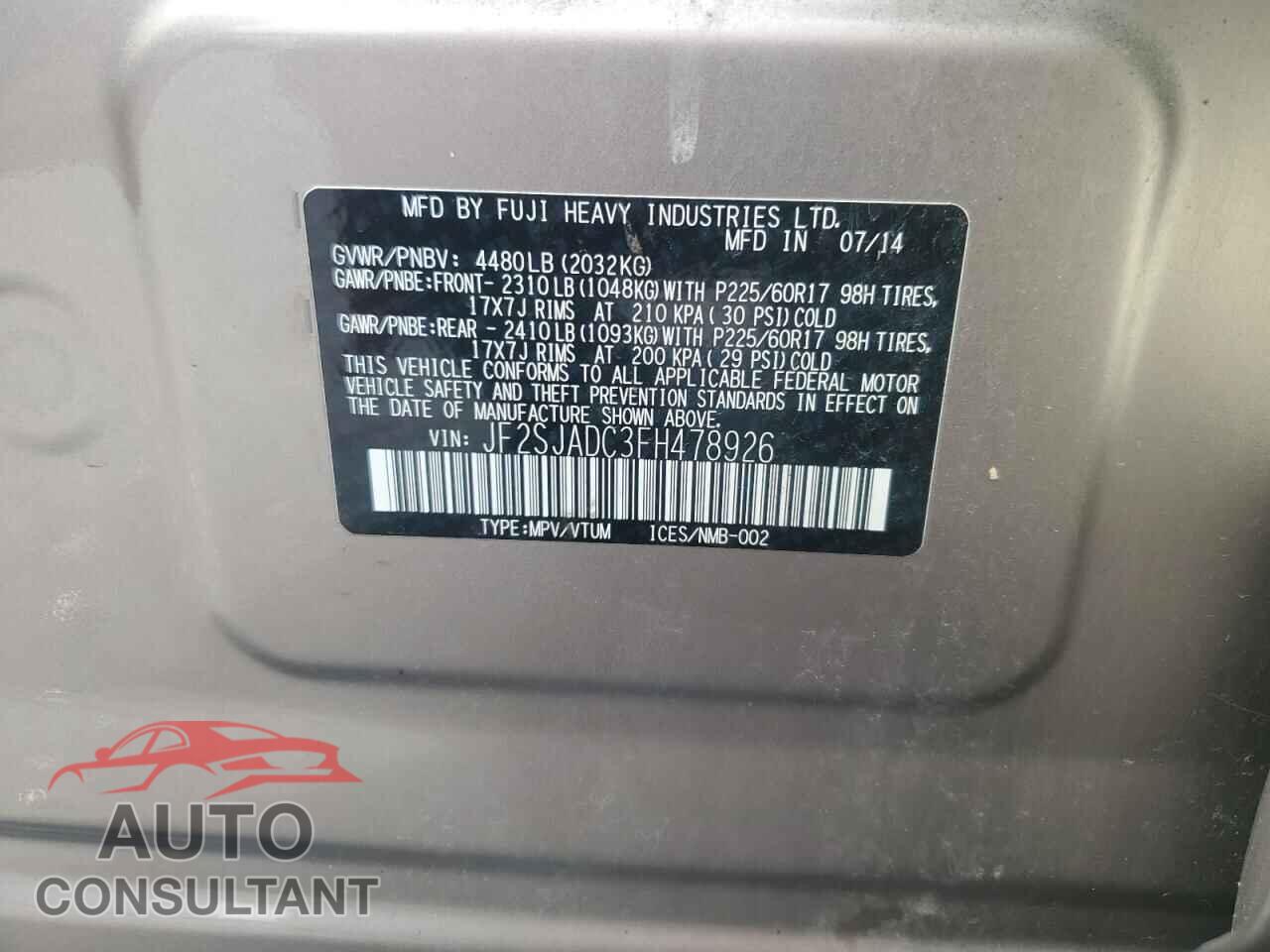 SUBARU FORESTER 2015 - JF2SJADC3FH478926