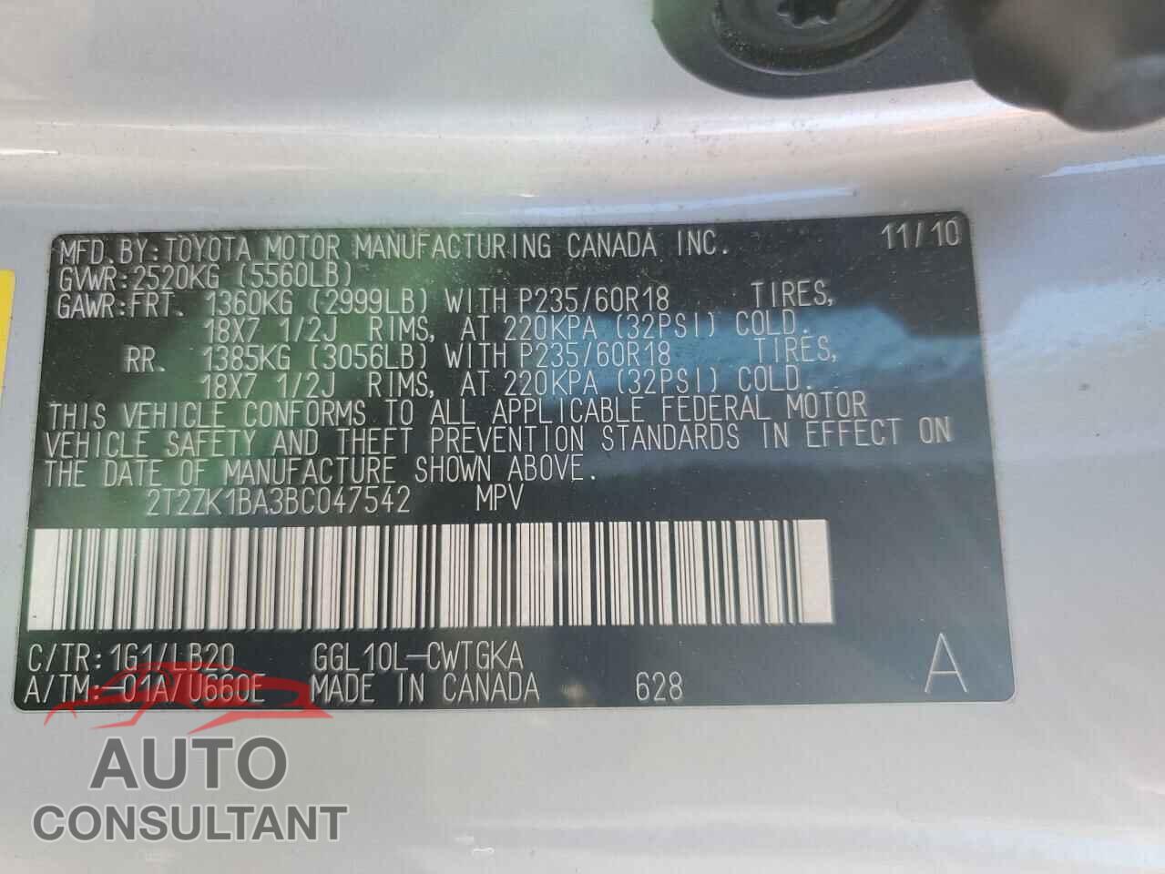 LEXUS RX350 2011 - 2T2ZK1BA3BC047542
