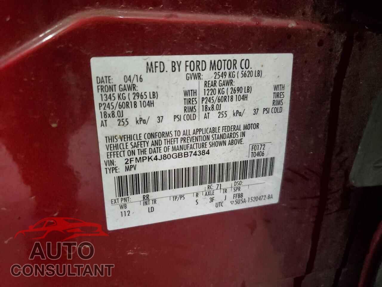 FORD EDGE 2016 - 2FMPK4J80GBB74384