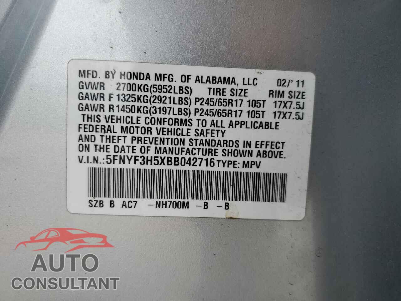 HONDA PILOT 2011 - 5FNYF3H5XBB042716