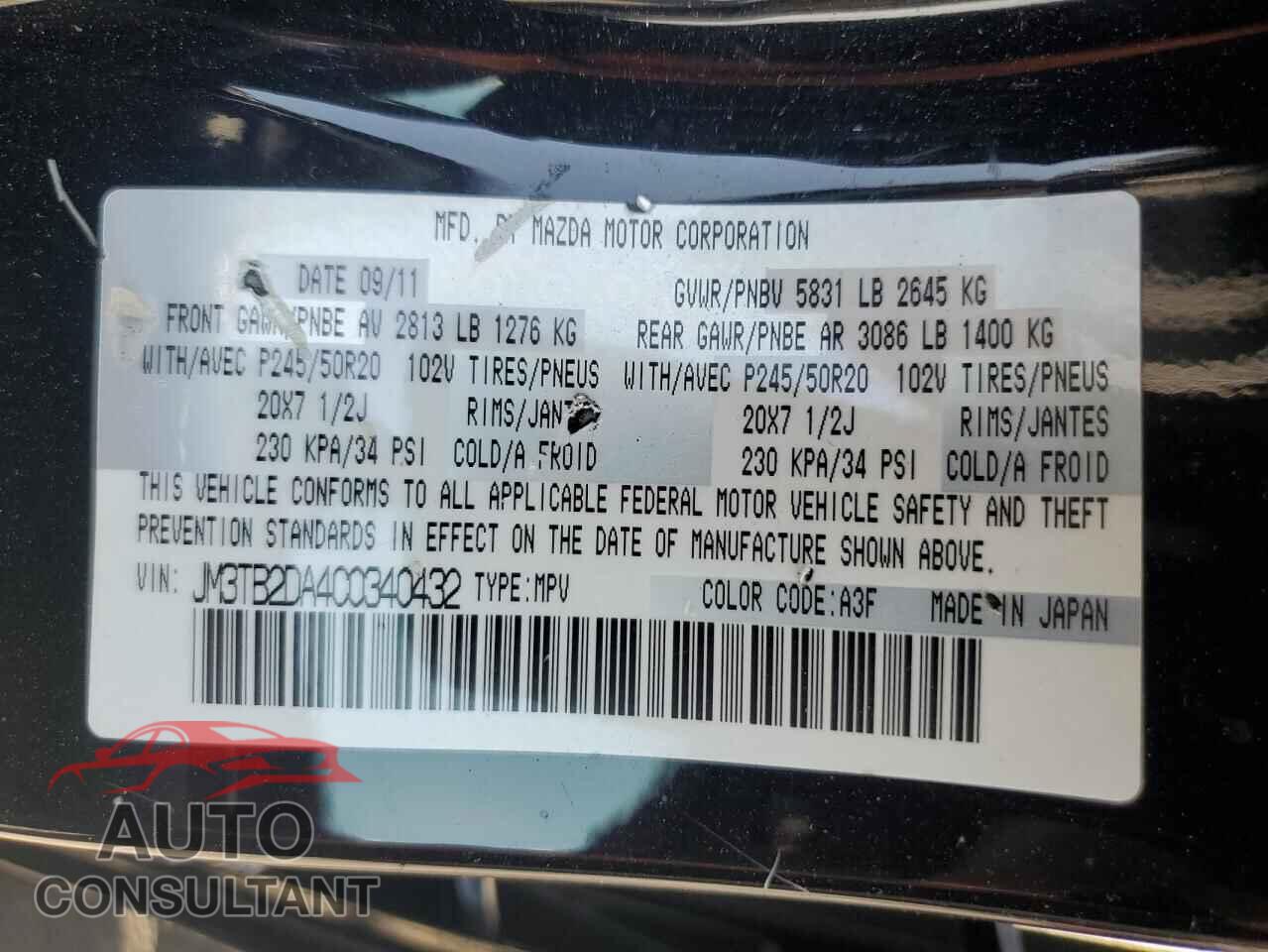 MAZDA CX-9 2012 - JM3TB2DA4C0340432