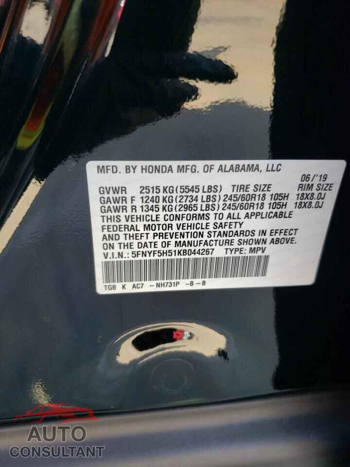 HONDA PILOT 2019 - 5FNYF5H51KB044267