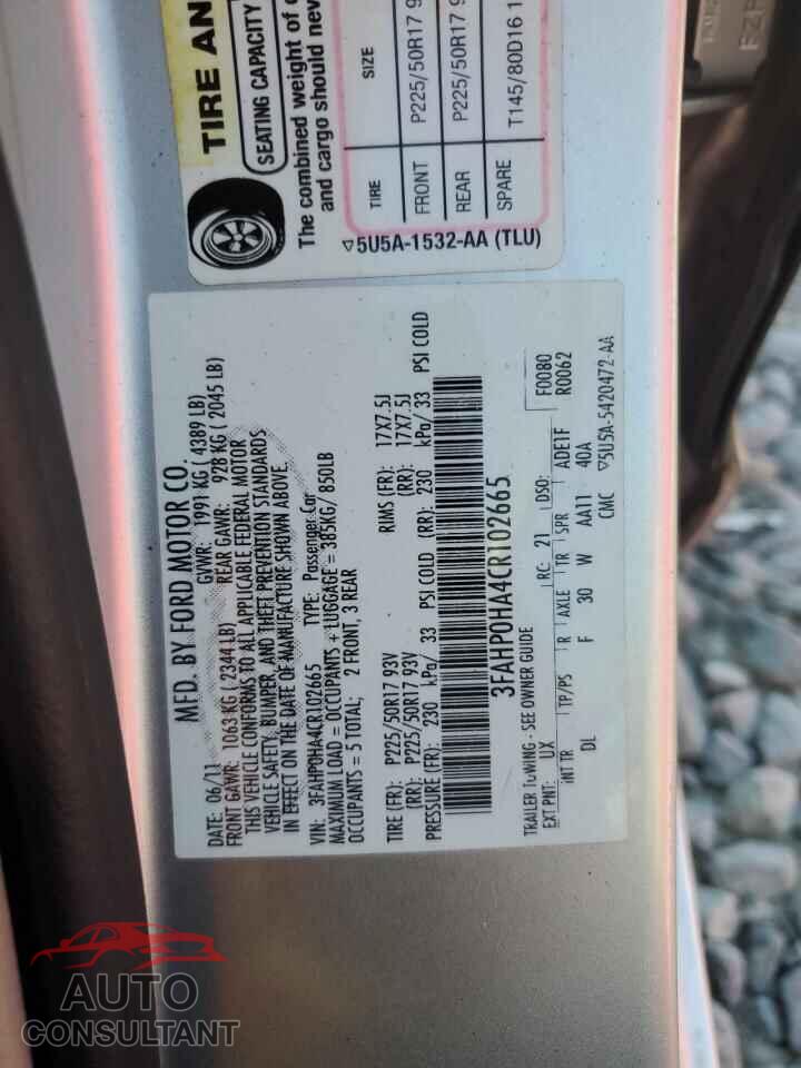 FORD FUSION 2012 - 3FAHP0HA4CR102665