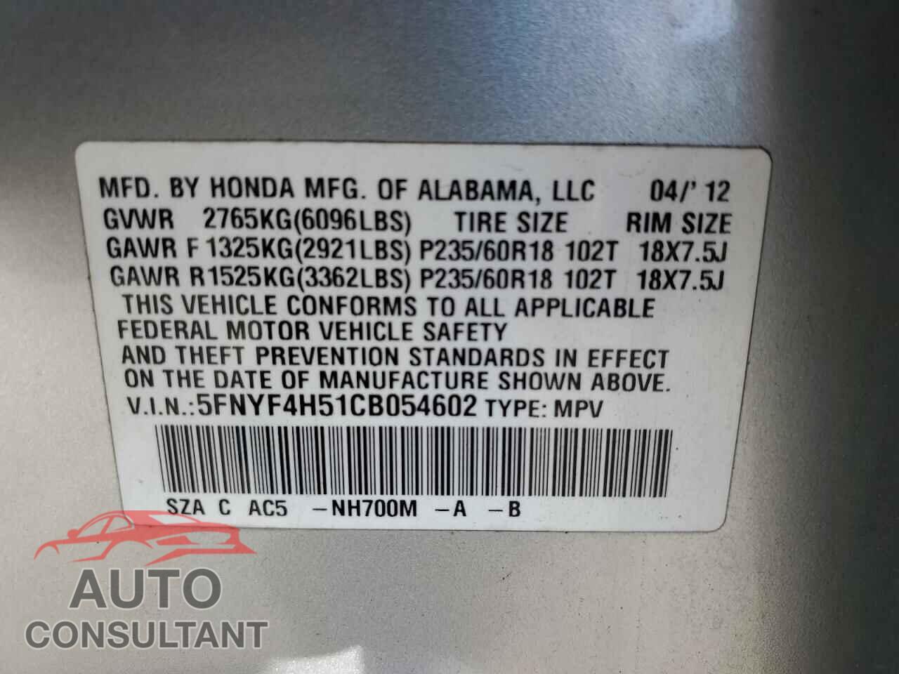 HONDA PILOT 2012 - 5FNYF4H51CB054602