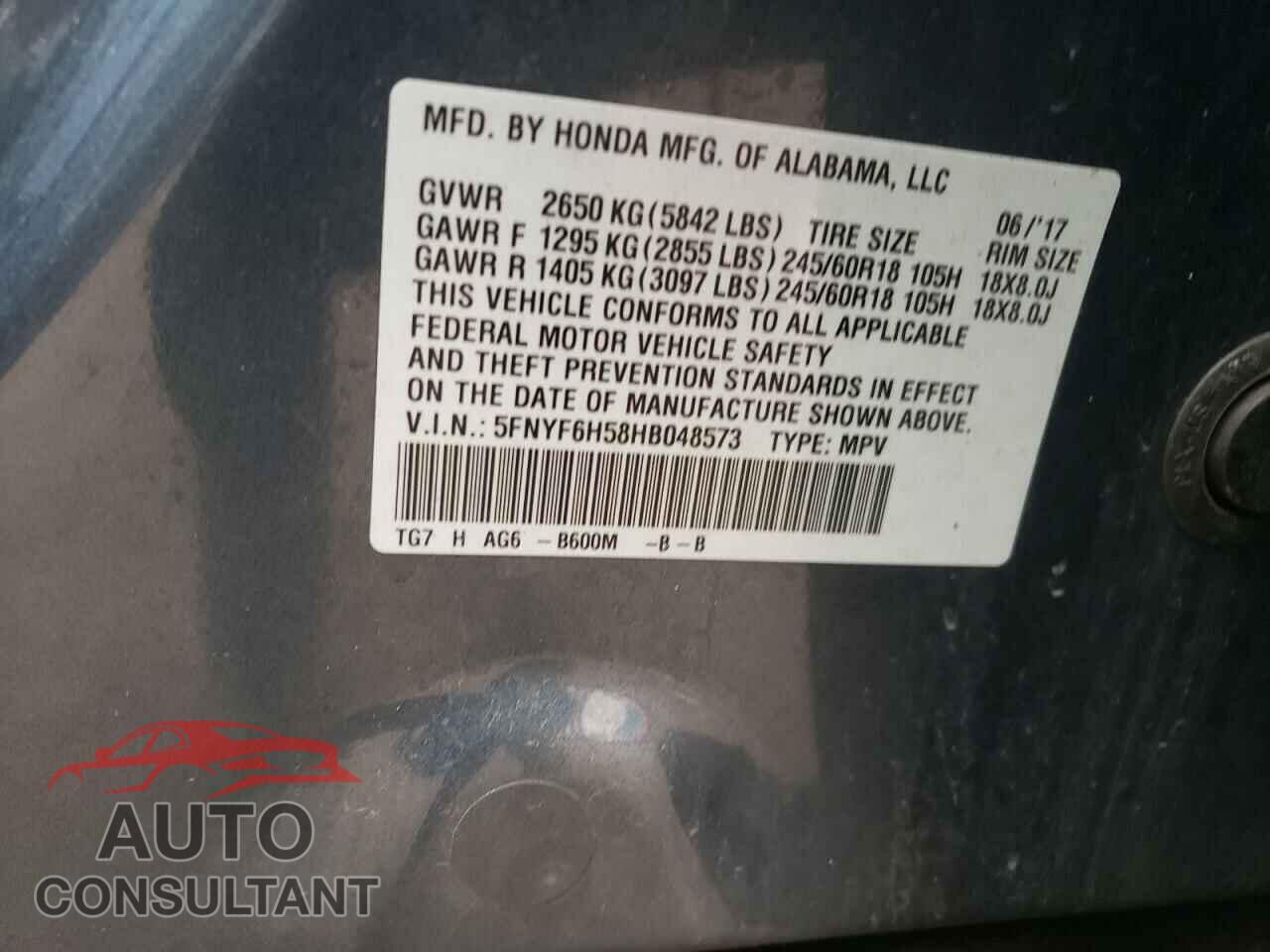 HONDA PILOT 2017 - 5FNYF6H58HB048573