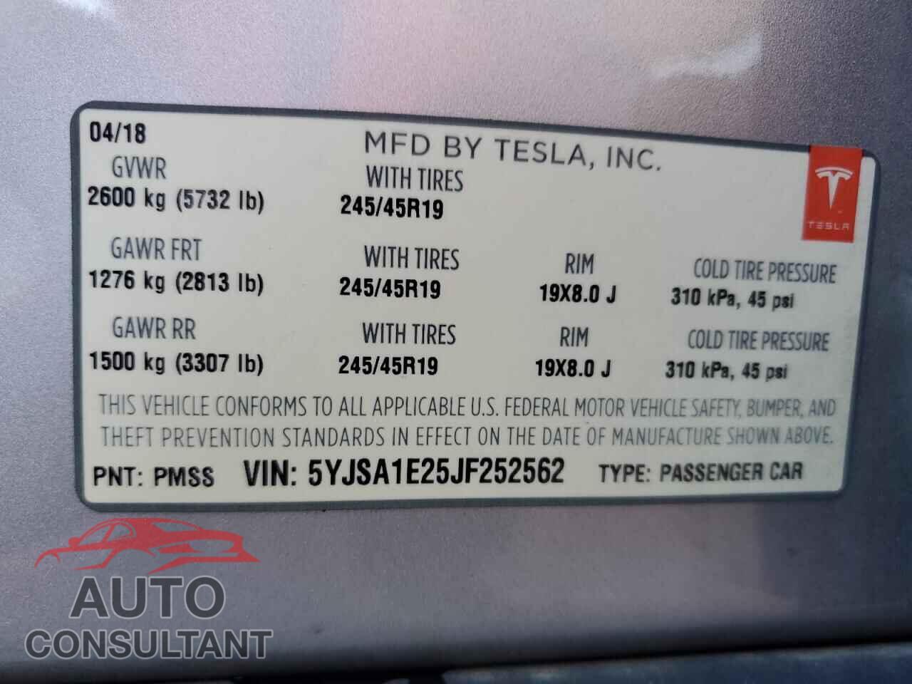 TESLA MODEL S 2018 - 5YJSA1E25JF252562