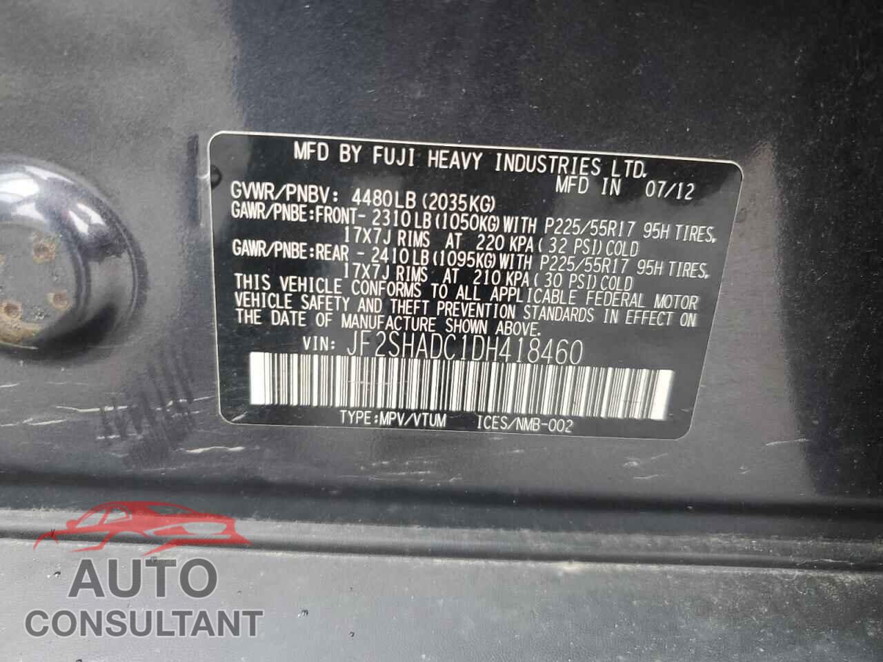 SUBARU FORESTER 2013 - JF2SHADC1DH418460