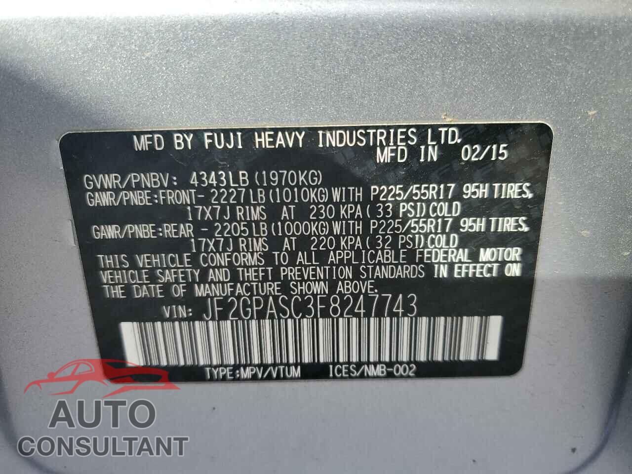 SUBARU XV 2015 - JF2GPASC3F8247743