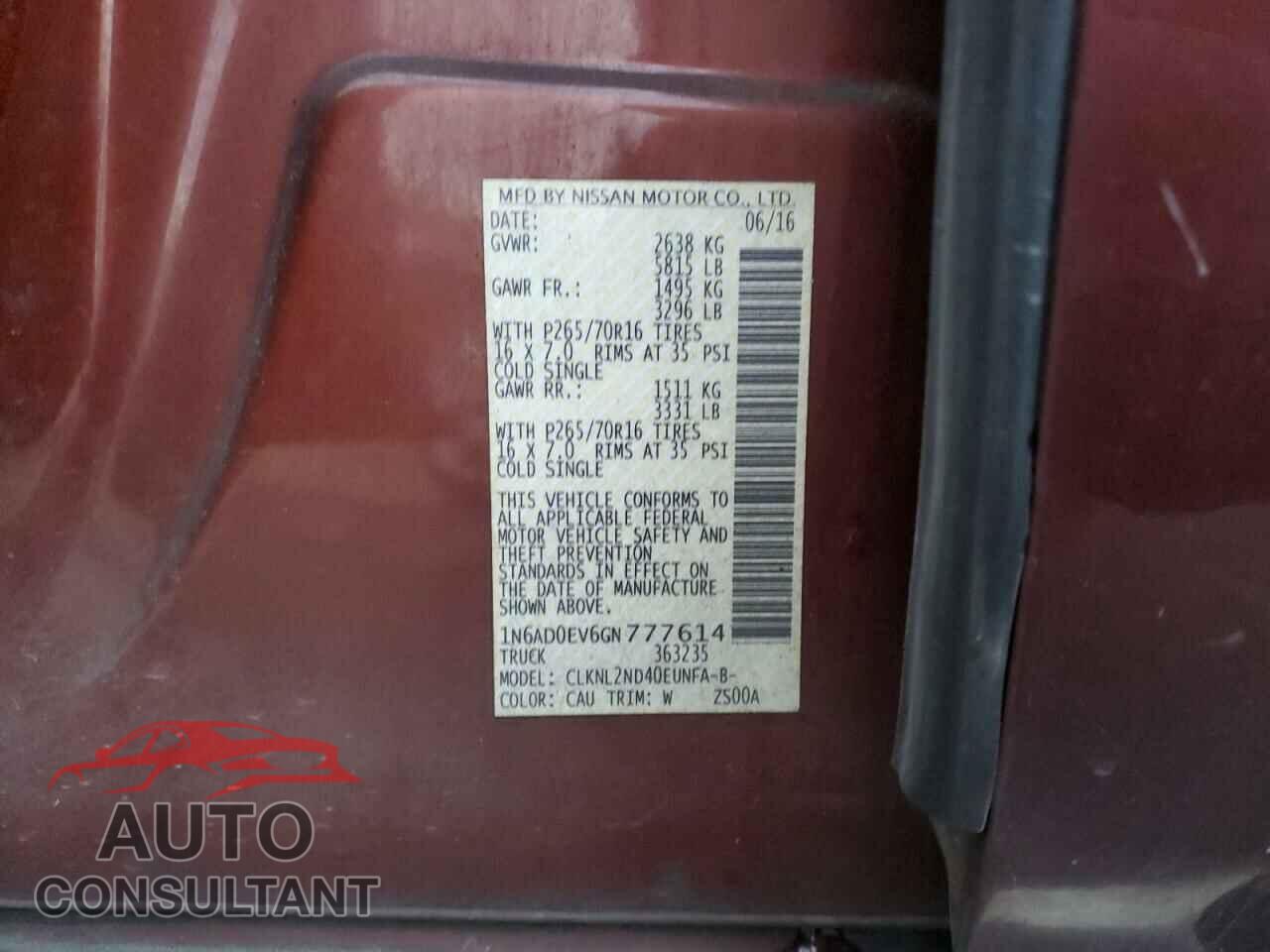 NISSAN FRONTIER 2016 - 1N6AD0EV6GN777614