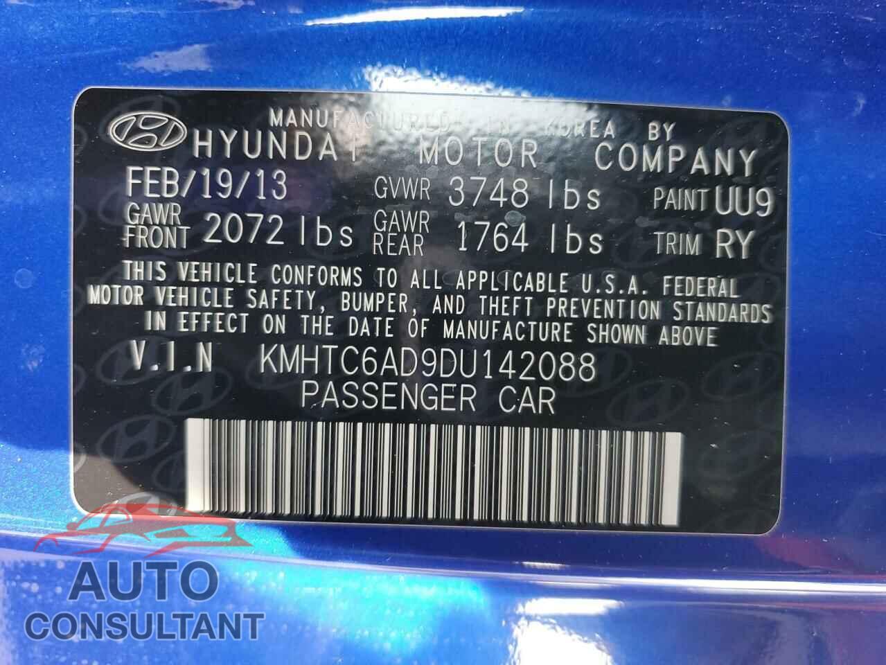HYUNDAI VELOSTER 2013 - KMHTC6AD9DU142088
