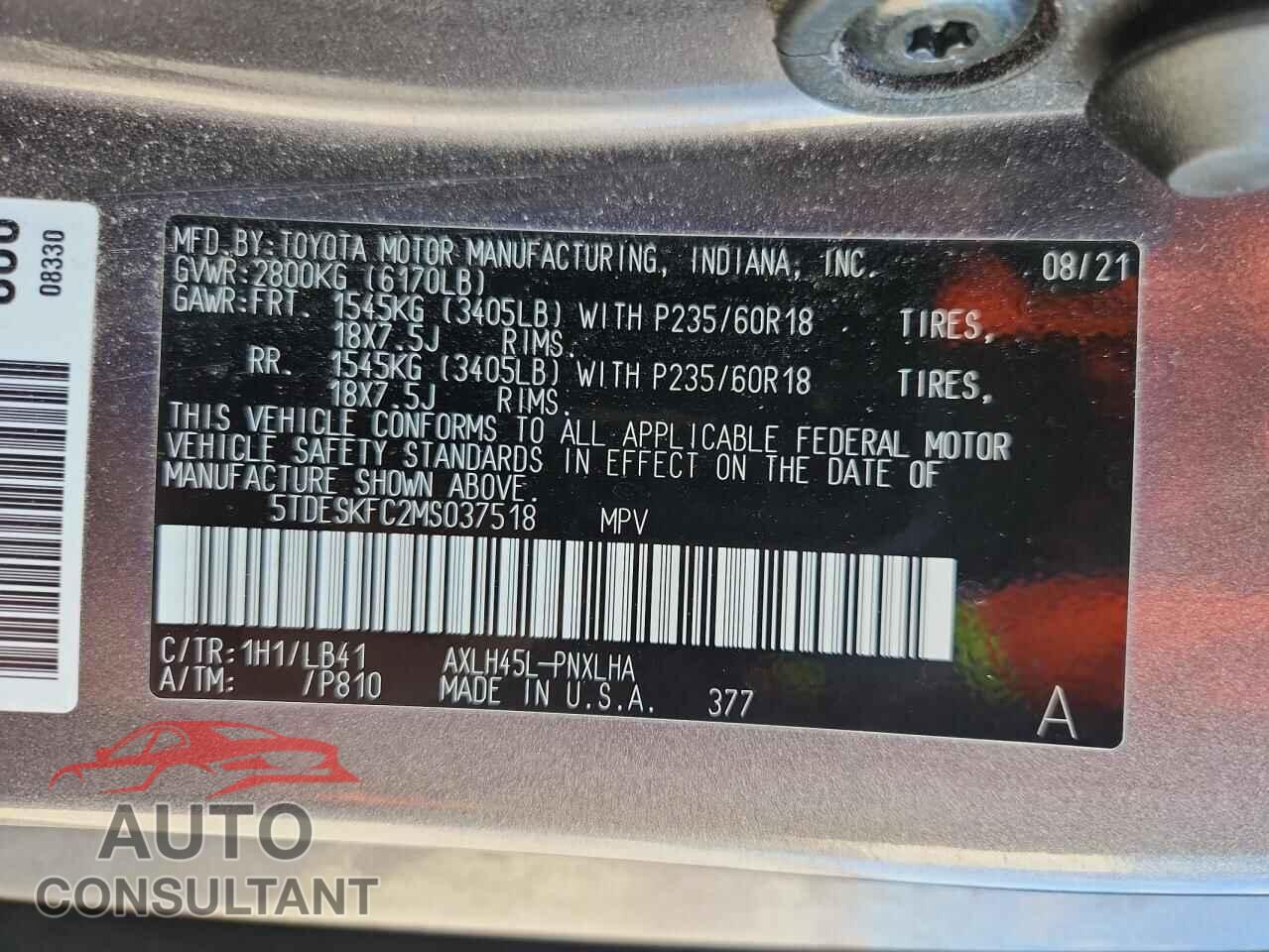 TOYOTA SIENNA 2021 - 5TDESKFC2MS037518