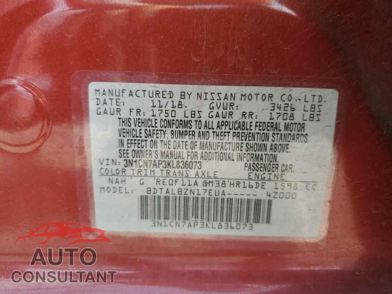 NISSAN VERSA 2019 - 3N1CN7AP3KL836073